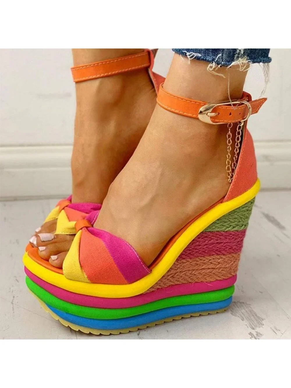 Stylish Gladiator Ankle Strap High Heel Platform Wedge Sandals - Rainbow Colors